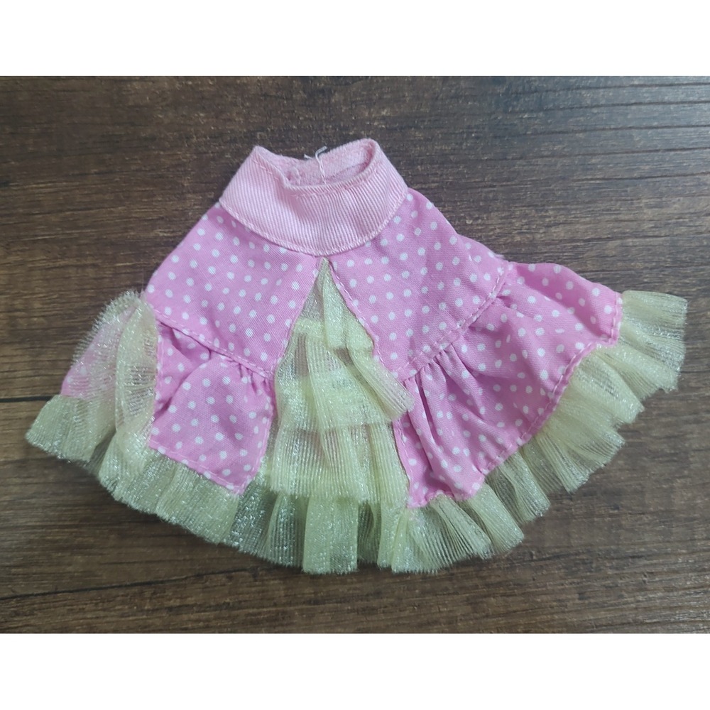 Vintage Barbie Doll Skirt Pink Polkadot Print Yellow Tulle Ruffles Trim Z32